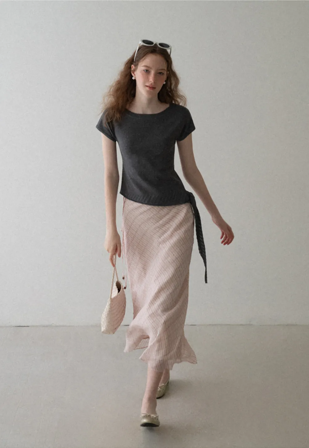 Diagonal Grid Pattern Sheer Midi Skirt with Drawstring Waist