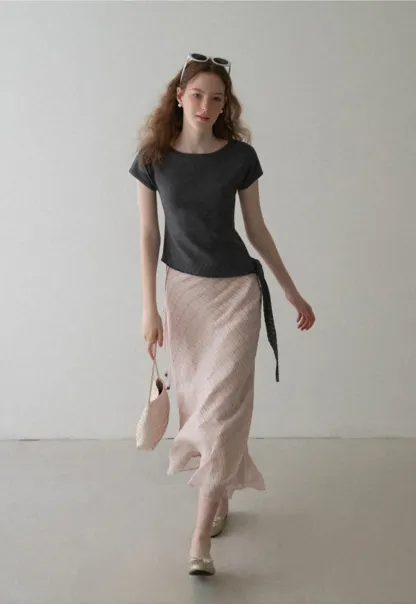 Diagonal Grid Pattern Sheer Midi Skirt with Drawstring Waist