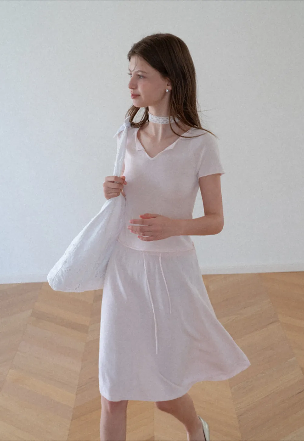 V Neck Short Sleeve Knit Top and A Line Skirt