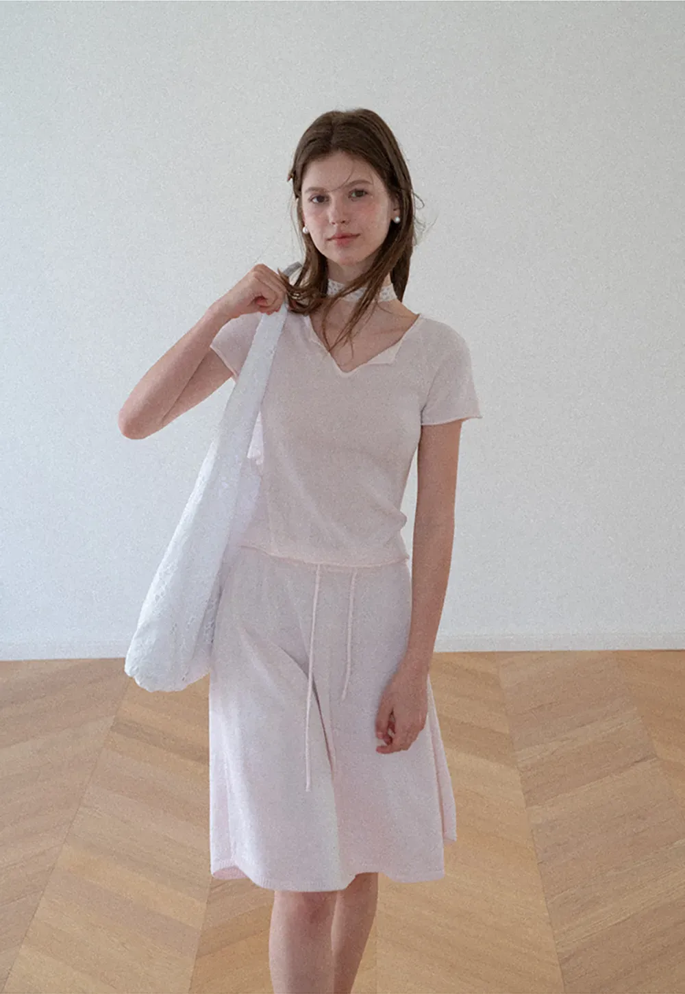 V Neck Short Sleeve Knit Top and A Line Skirt