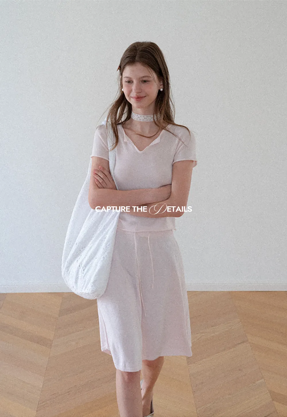 V Neck Short Sleeve Knit Top and A Line Skirt