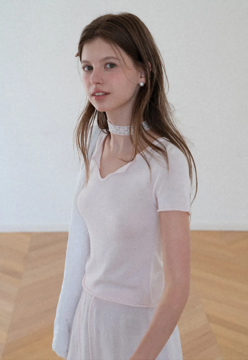 V Neck Short Sleeve Knit Top and A Line Skirt