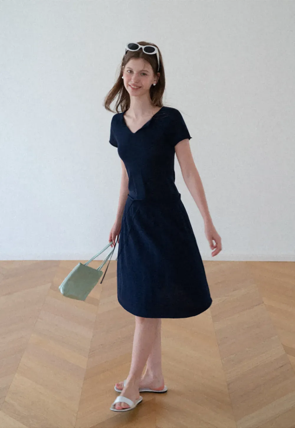 V Neck Short Sleeve Knit Top and A Line Skirt