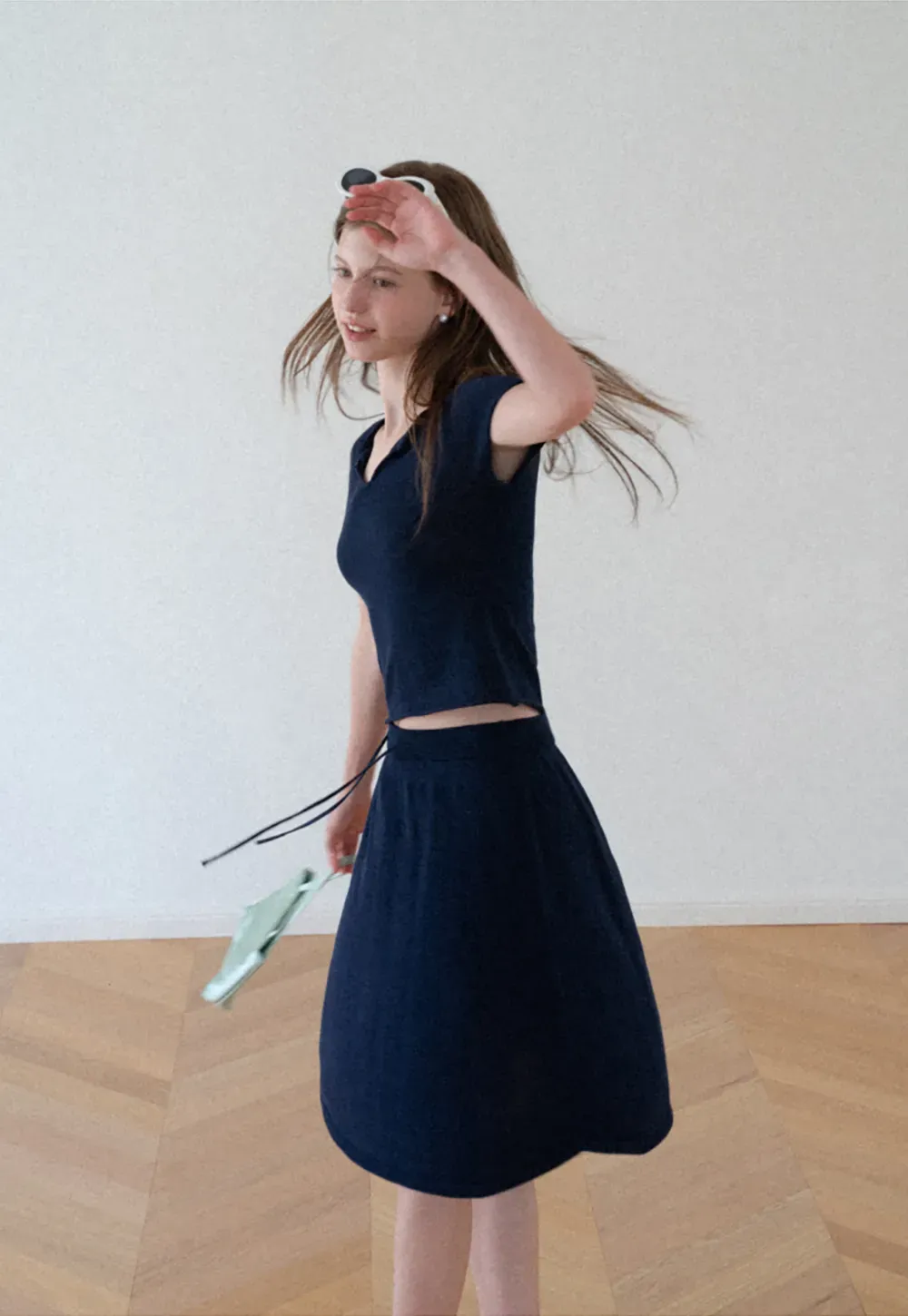 V Neck Short Sleeve Knit Top and A Line Skirt