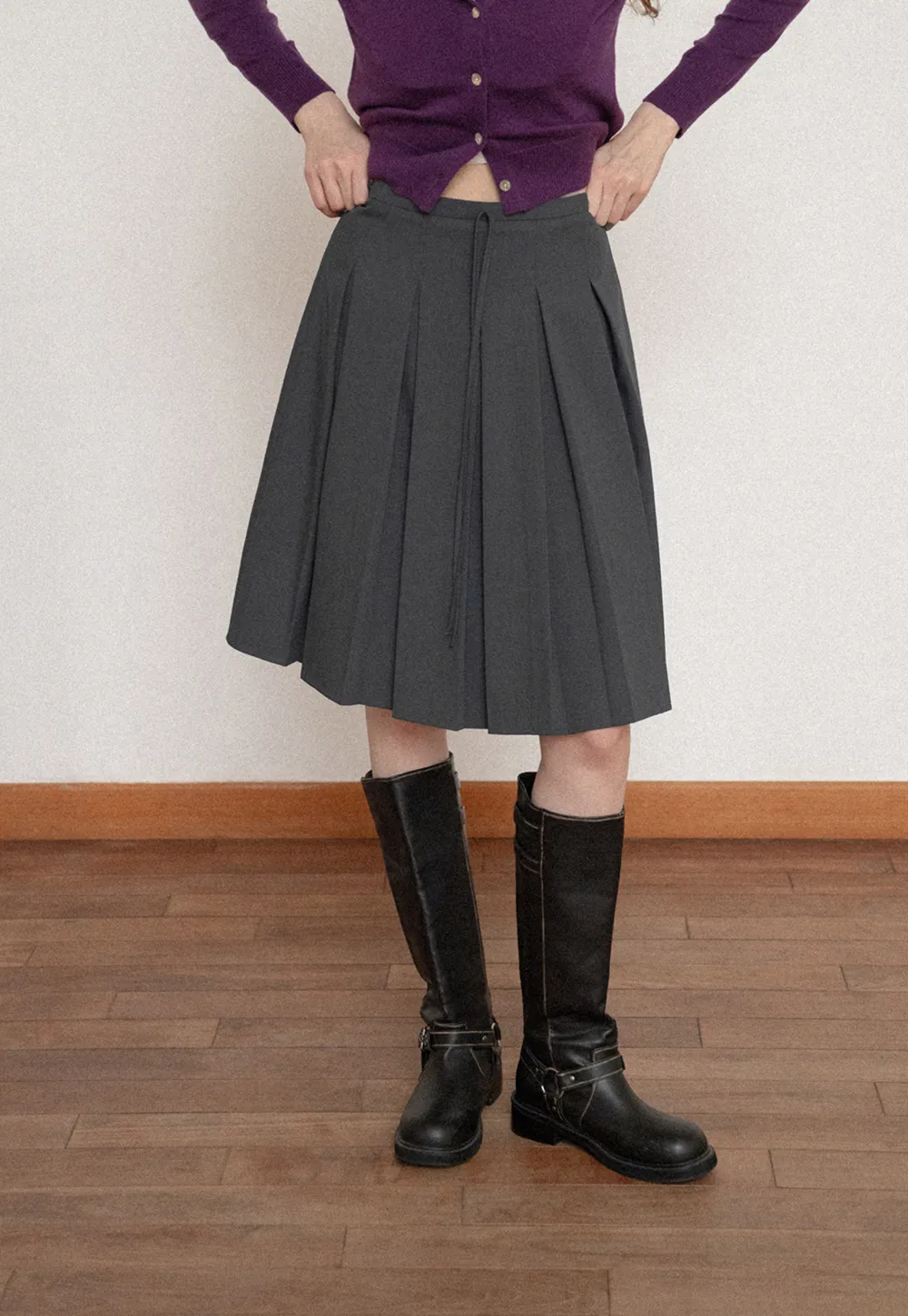 Pleated High Waist Drawstring Skirt