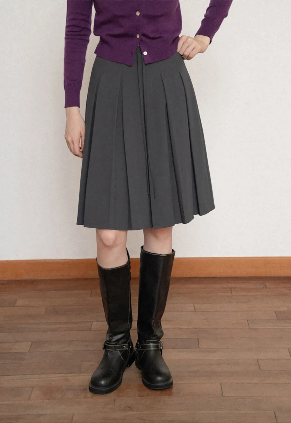 Pleated High Waist Drawstring Skirt