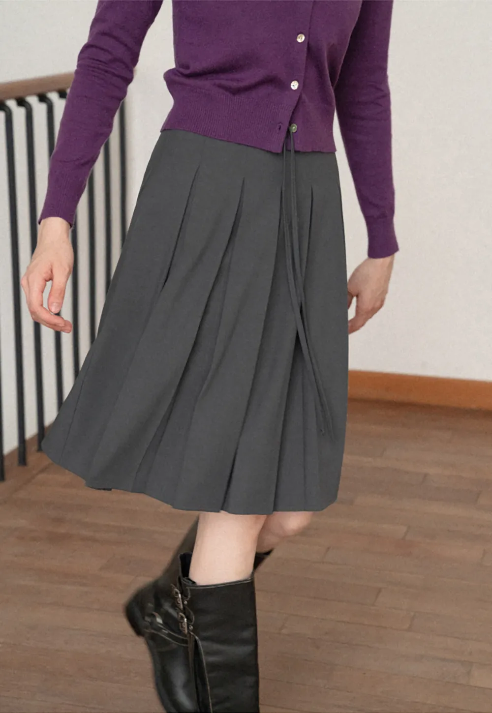 Pleated High Waist Drawstring Skirt