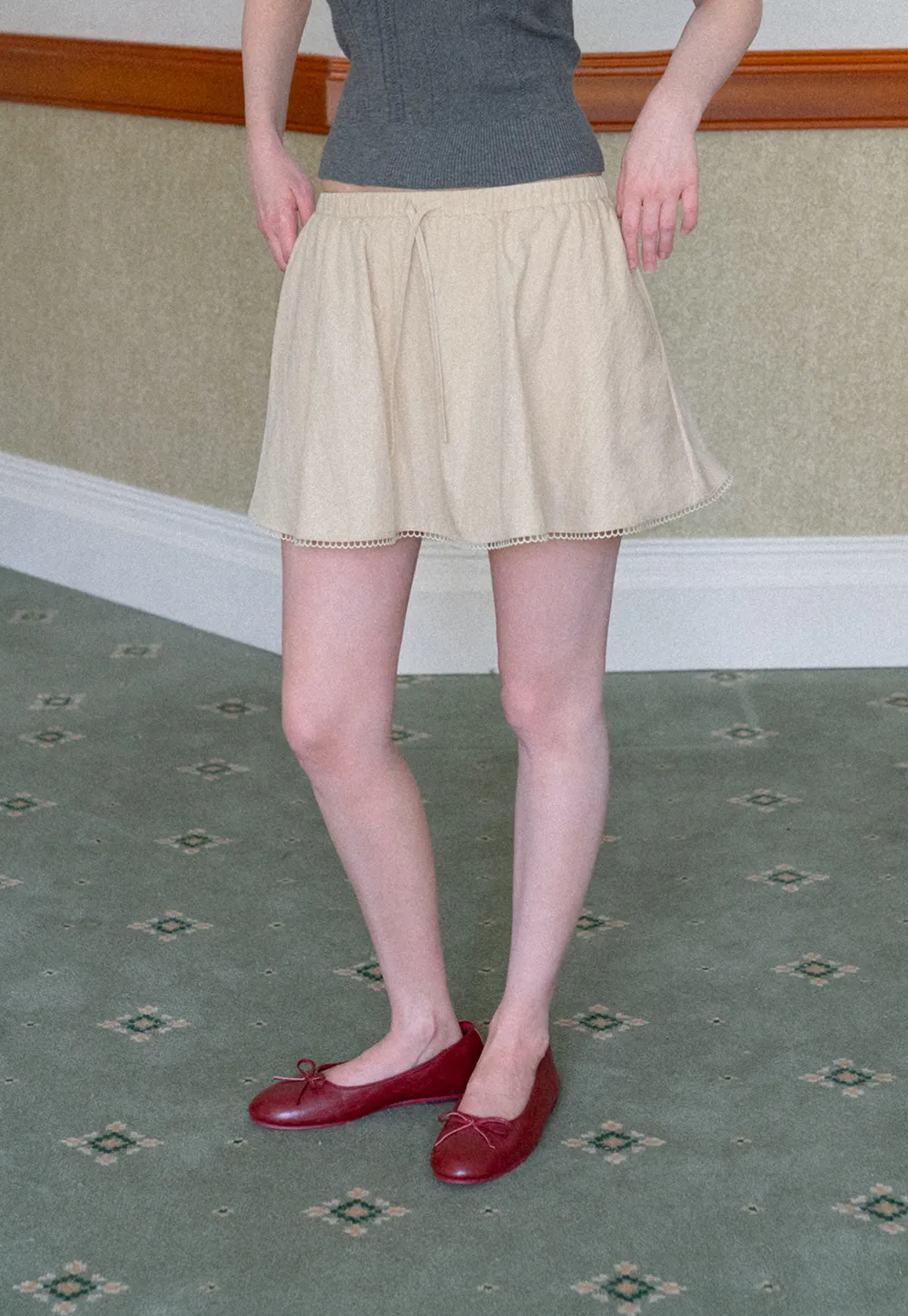 Drawstring Waist A-Line Skirt with Lace Trim