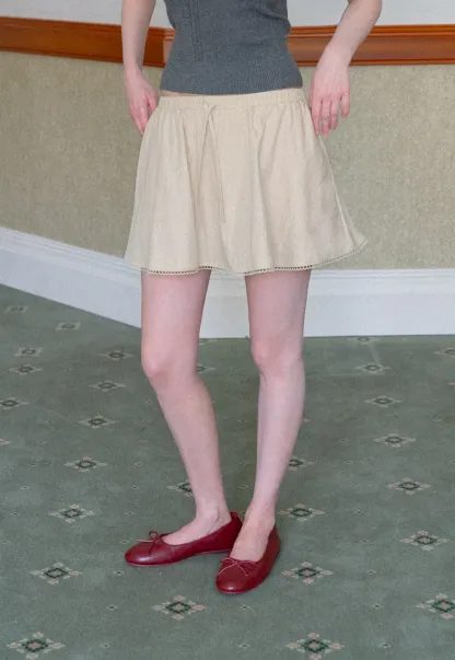 Drawstring Waist A-Line Skirt with Lace Trim