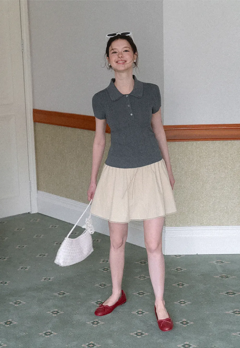 Drawstring Waist A-Line Skirt with Lace Trim