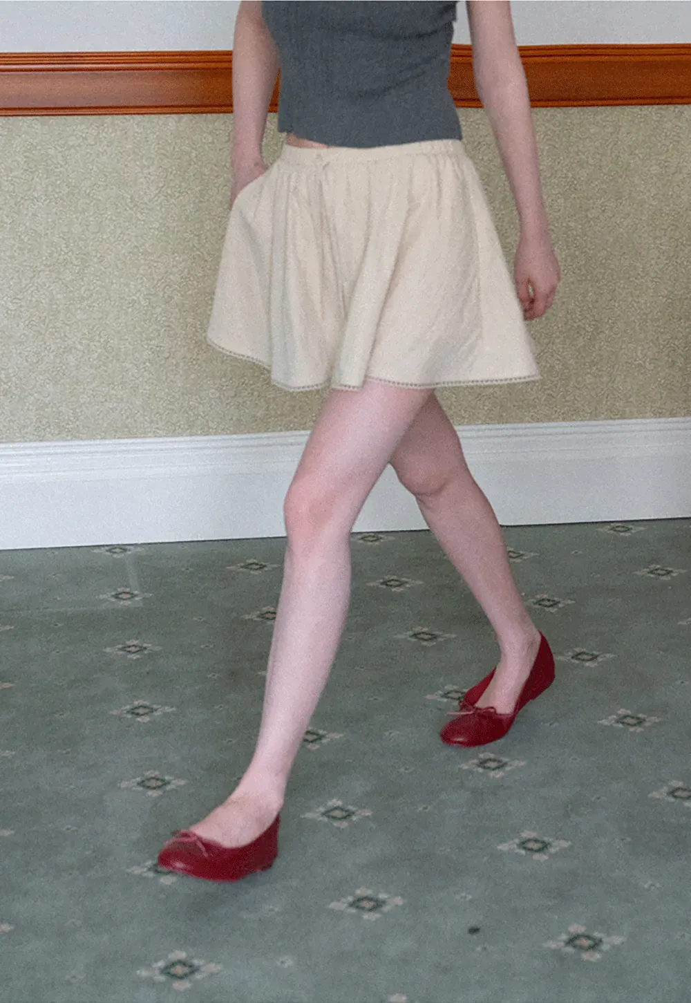 Drawstring Waist A-Line Skirt with Lace Trim