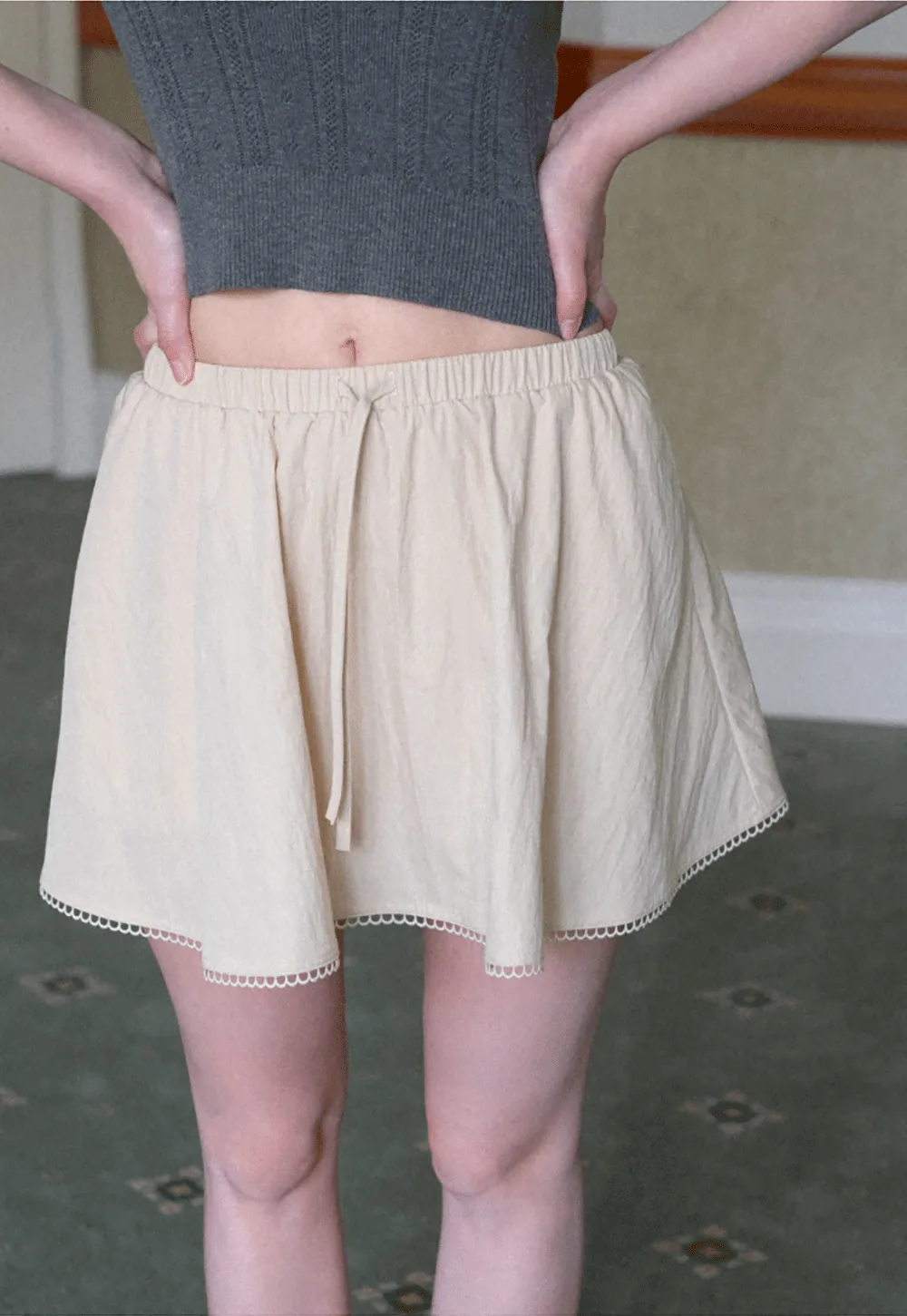 Drawstring Waist A-Line Skirt with Lace Trim