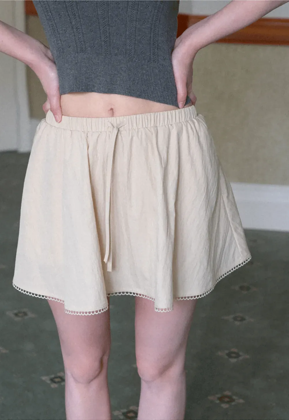 Drawstring Waist A-Line Skirt with Lace Trim