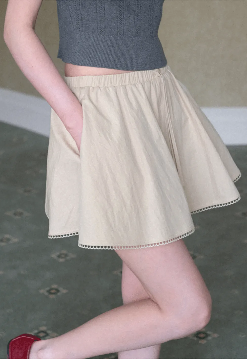Drawstring Waist A-Line Skirt with Lace Trim