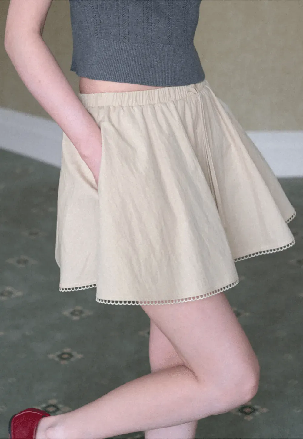 Drawstring Waist A-Line Skirt with Lace Trim