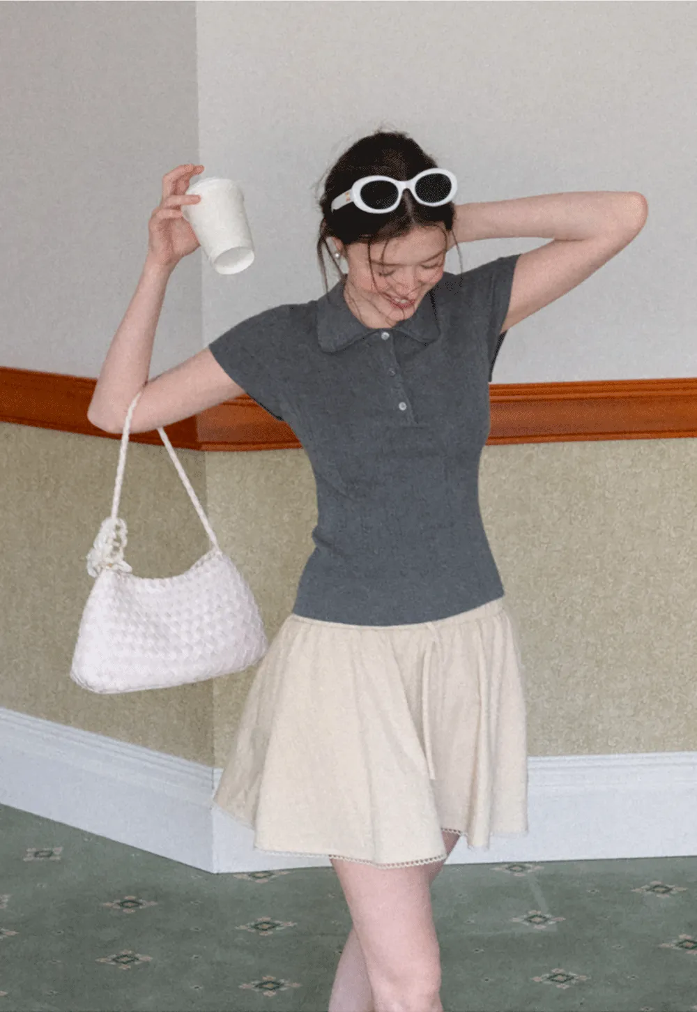 Drawstring Waist A-Line Skirt with Lace Trim