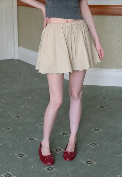 Drawstring Waist A-Line Skirt with Lace Trim