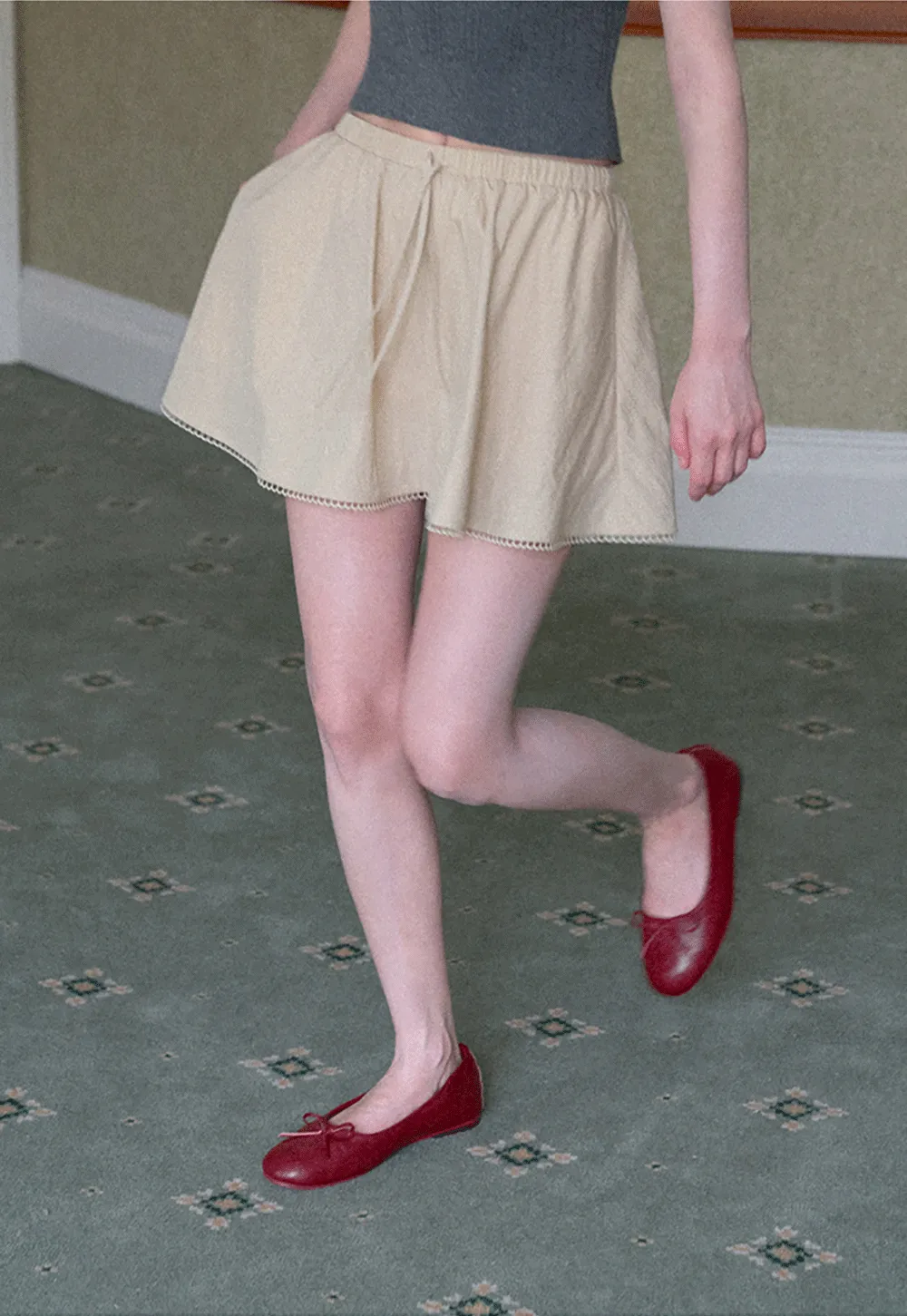 Drawstring Waist A-Line Skirt with Lace Trim
