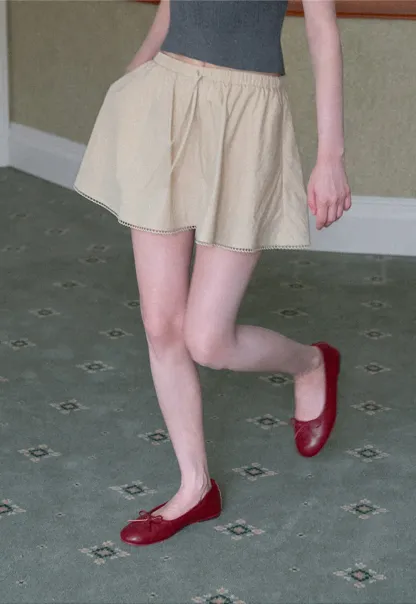 Drawstring Waist A-Line Skirt with Lace Trim