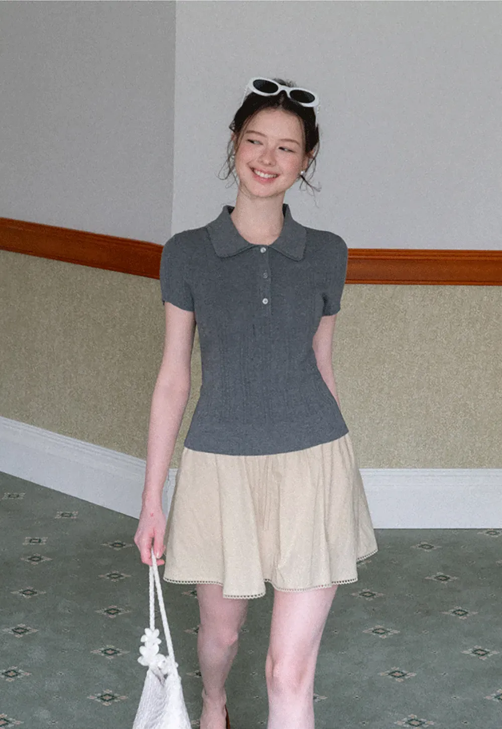 Drawstring Waist A-Line Skirt with Lace Trim