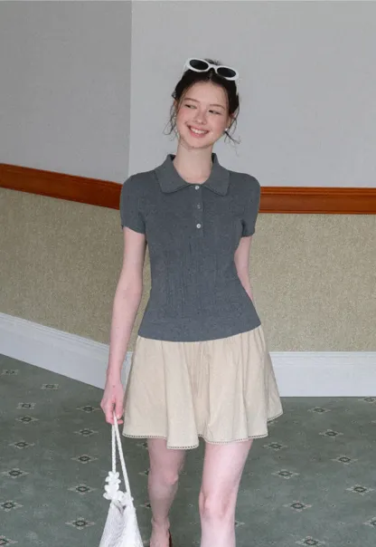 Drawstring Waist A-Line Skirt with Lace Trim
