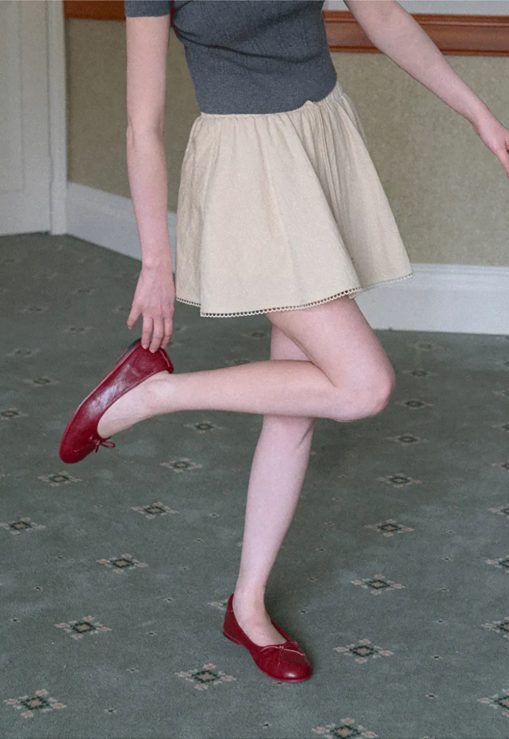 Drawstring Waist A-Line Skirt with Lace Trim