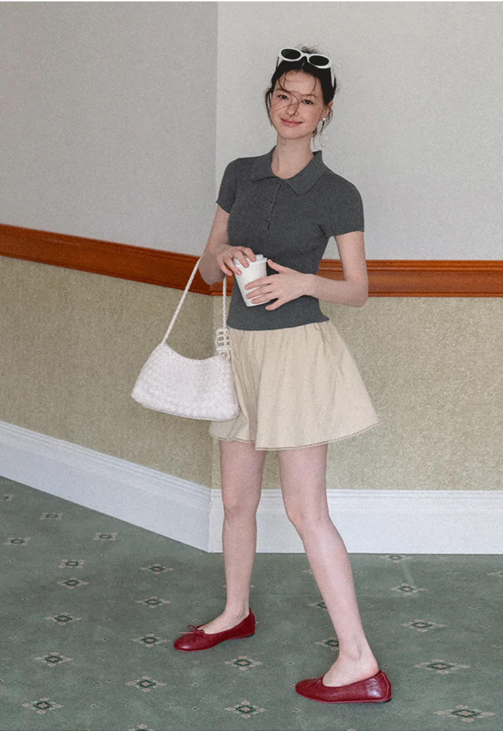Drawstring Waist A-Line Skirt with Lace Trim