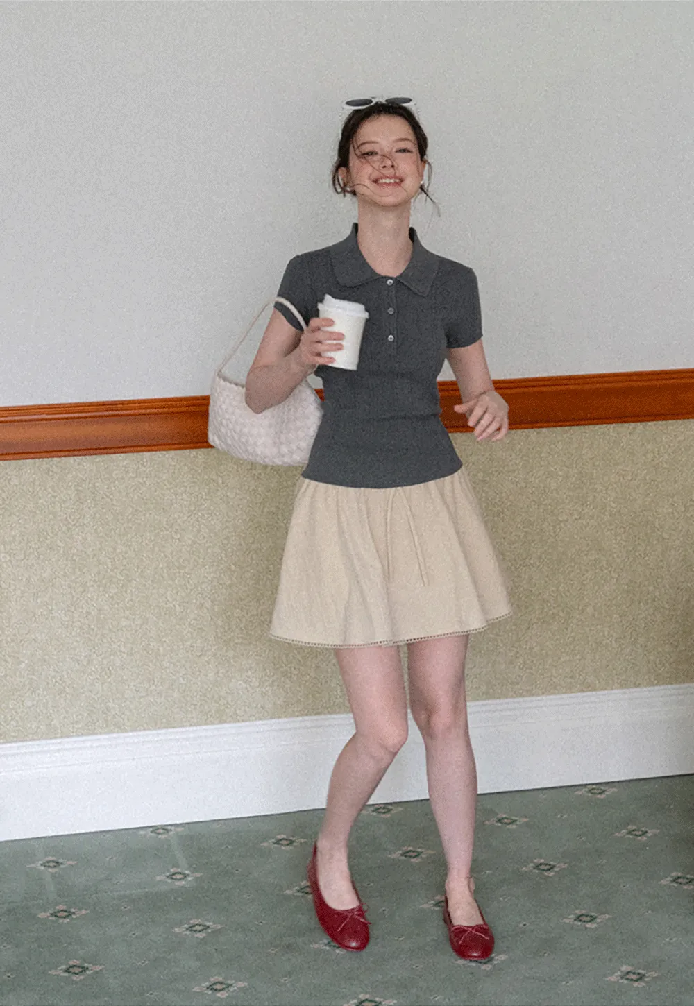 Drawstring Waist A-Line Skirt with Lace Trim