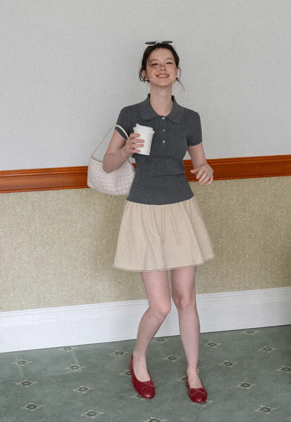Drawstring Waist A-Line Skirt with Lace Trim