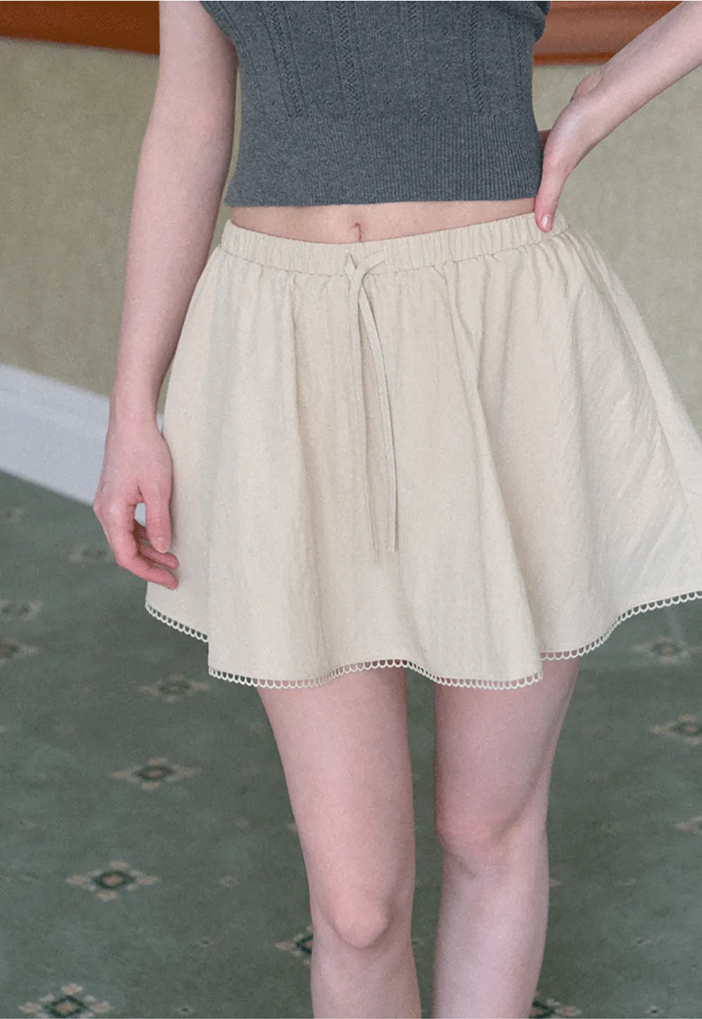 Drawstring Waist A-Line Skirt with Lace Trim
