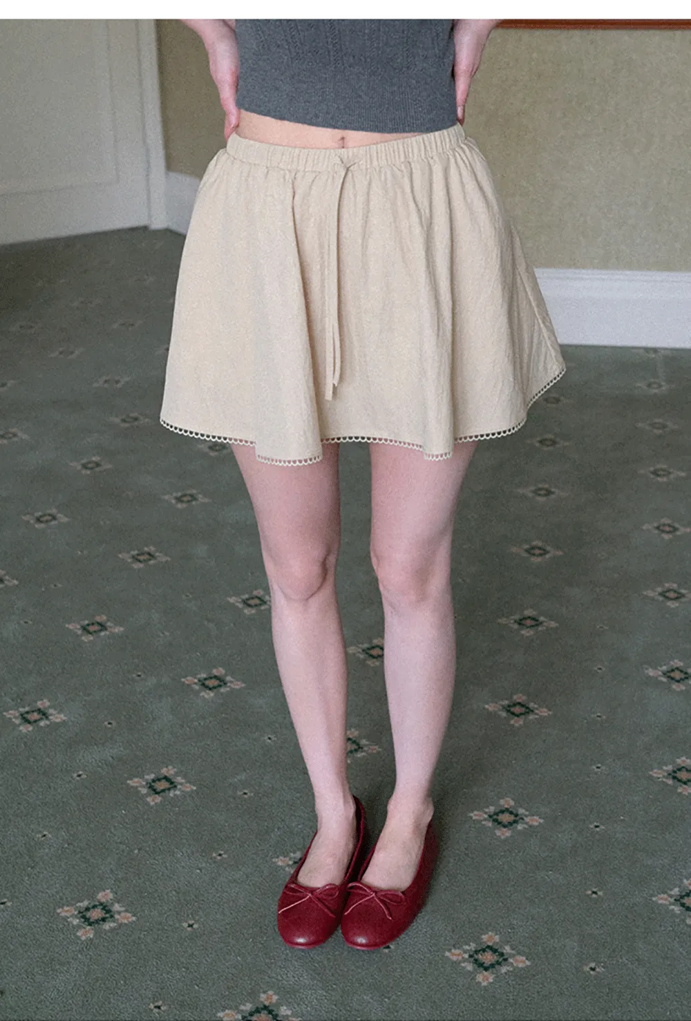 Drawstring Waist A-Line Skirt with Lace Trim