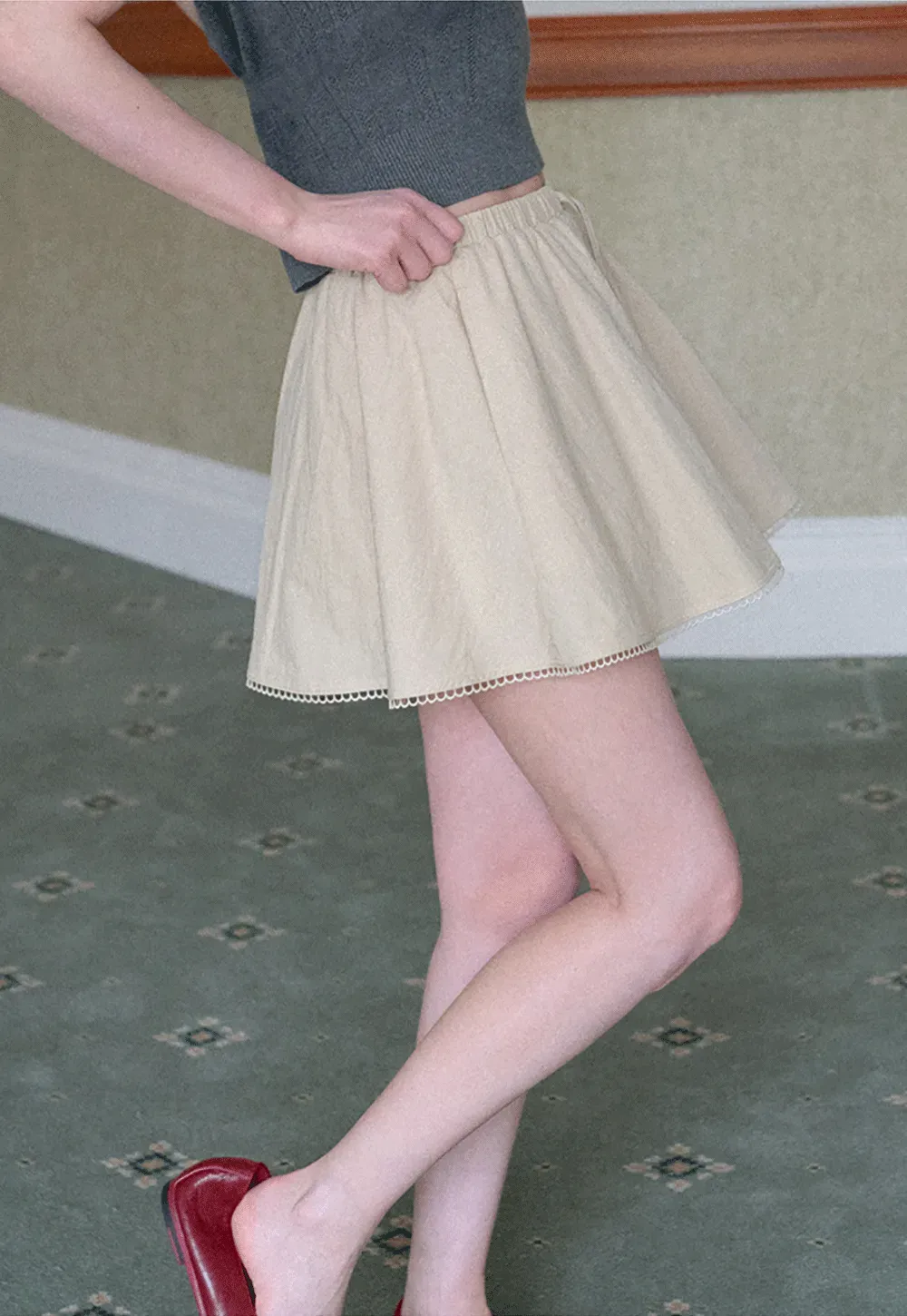 Drawstring Waist A-Line Skirt with Lace Trim