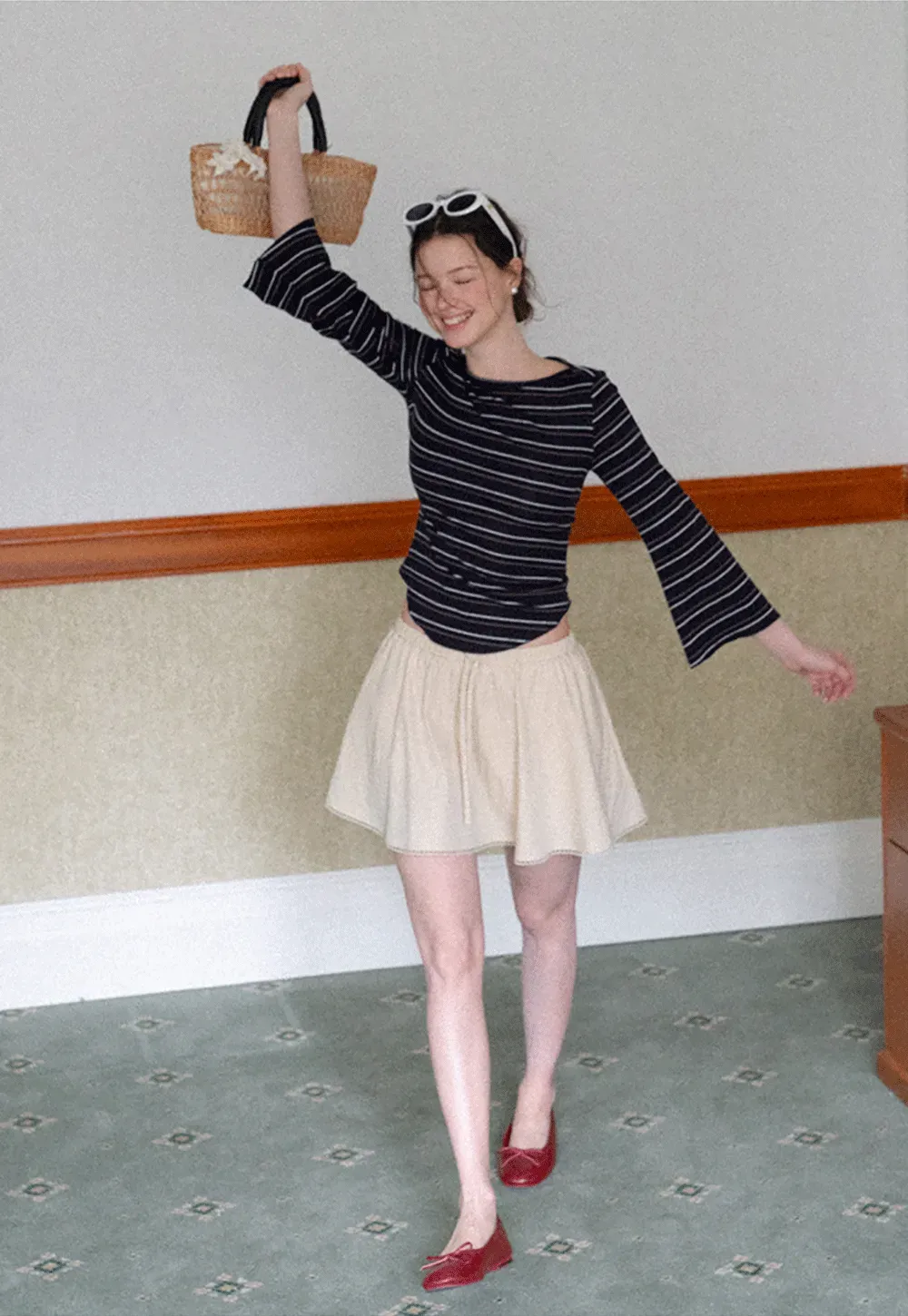 Drawstring Waist A-Line Skirt with Lace Trim