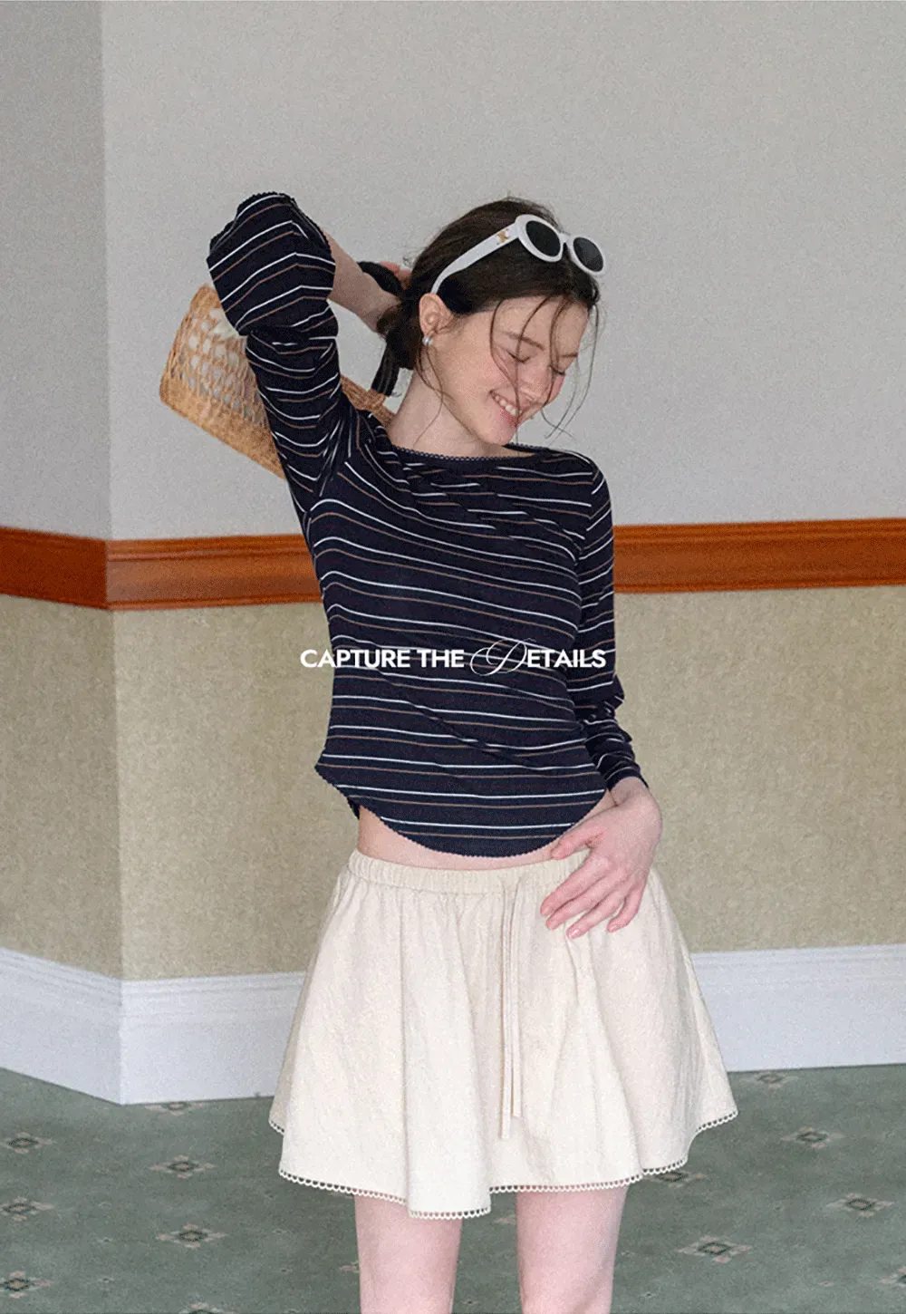 Drawstring Waist A-Line Skirt with Lace Trim