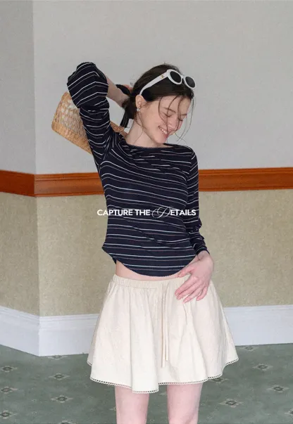 Drawstring Waist A-Line Skirt with Lace Trim