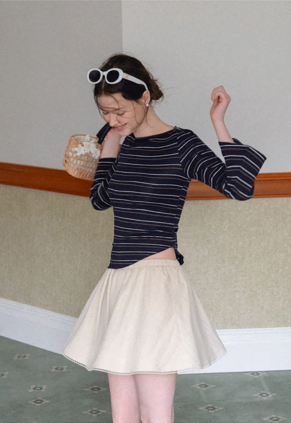 Drawstring Waist A-Line Skirt with Lace Trim