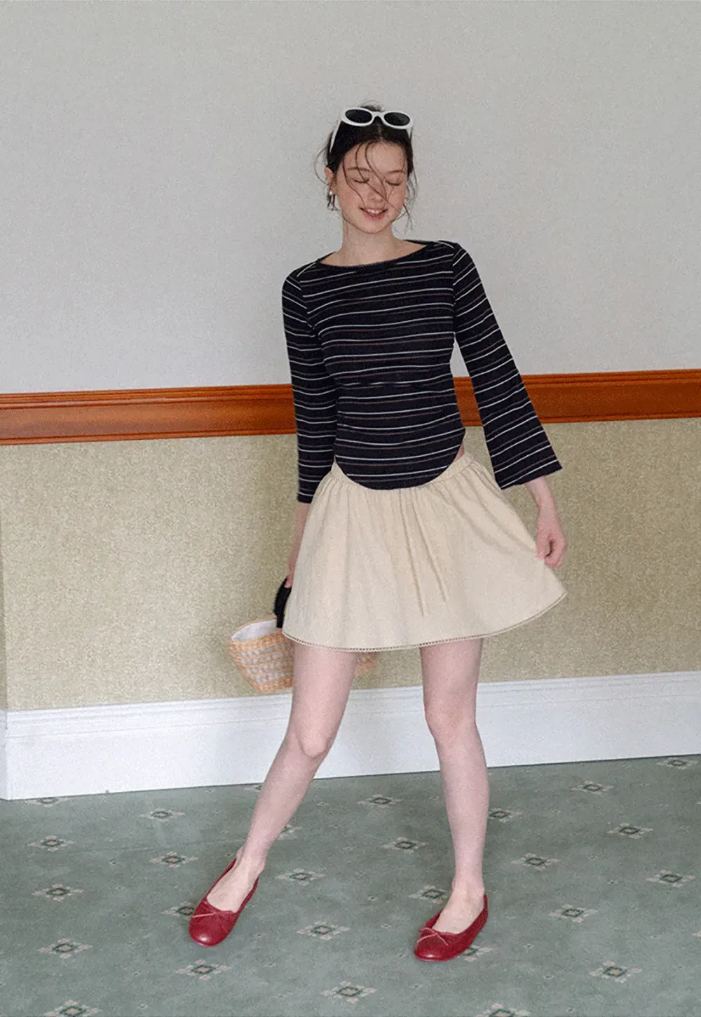 Drawstring Waist A-Line Skirt with Lace Trim