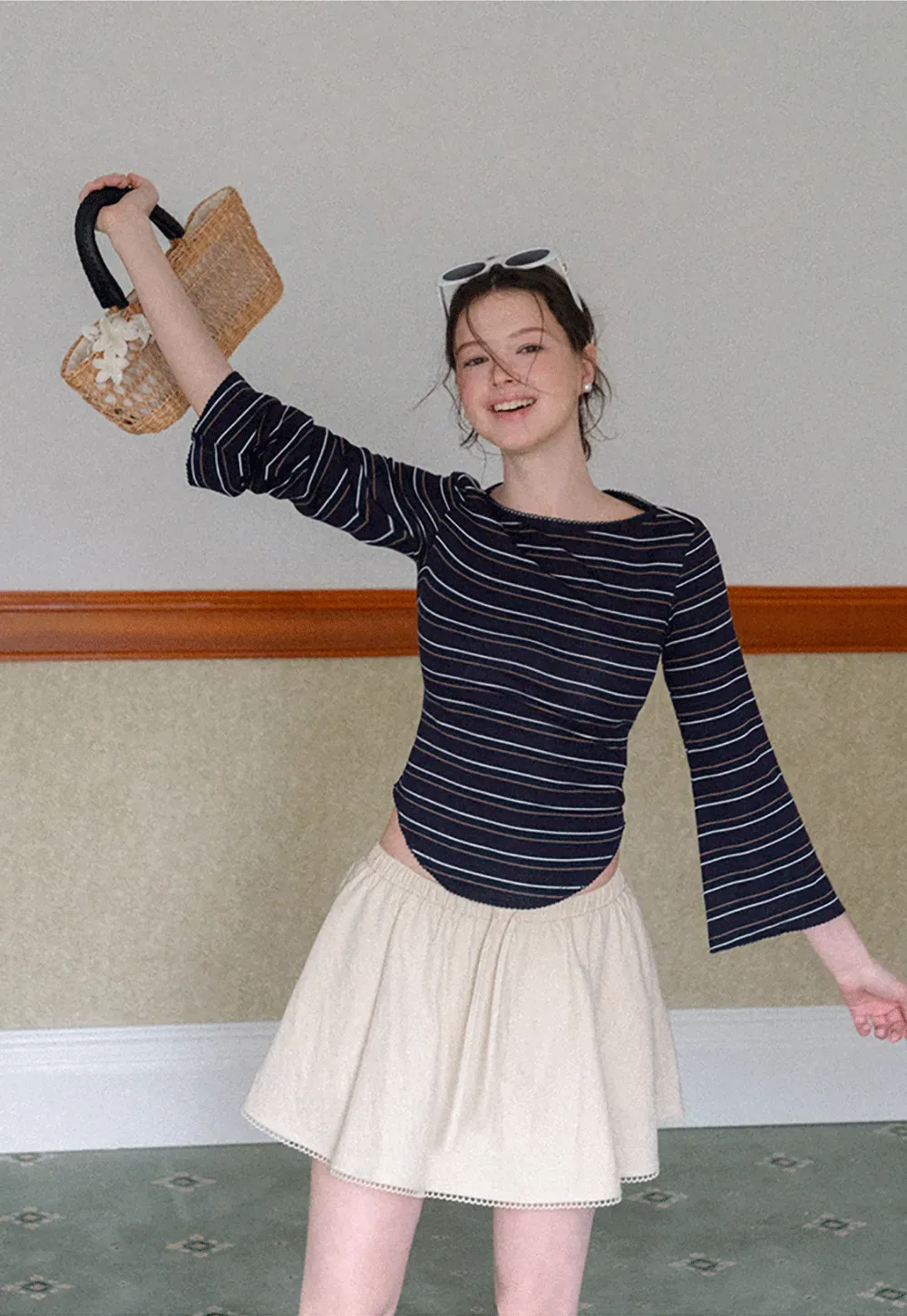 Drawstring Waist A-Line Skirt with Lace Trim