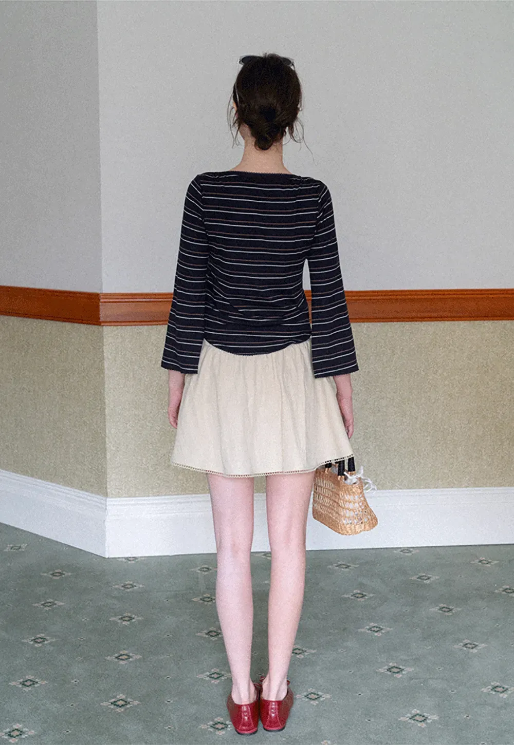 Drawstring Waist A-Line Skirt with Lace Trim