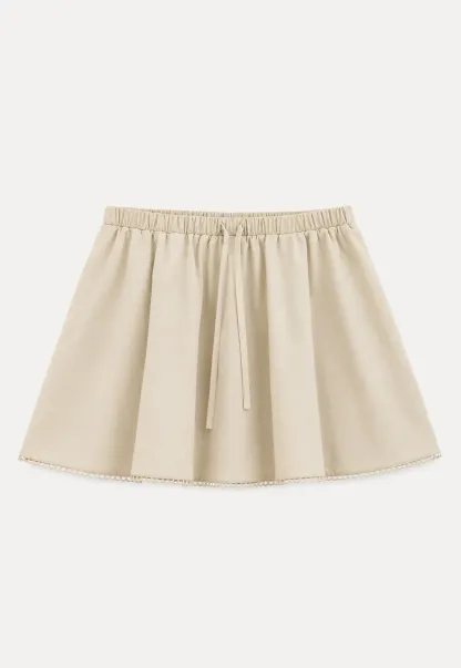 Drawstring Waist A-Line Skirt with Lace Trim