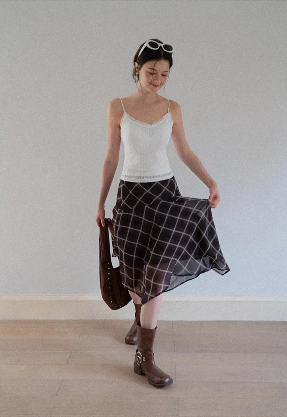 Grid Print Asymmetrical Hem Skirt