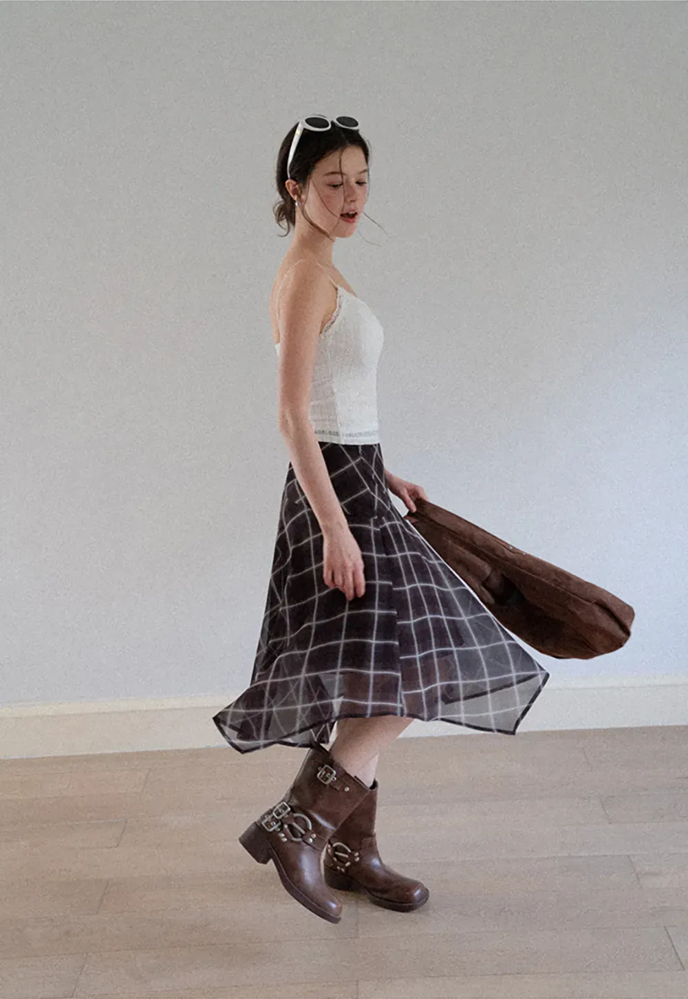 Grid Print Asymmetrical Hem Skirt