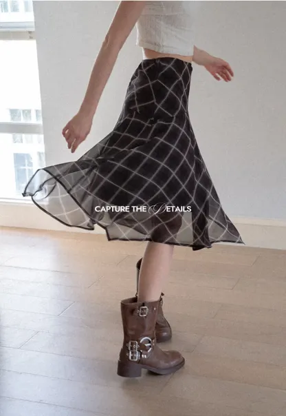 Grid Print Asymmetrical Hem Skirt