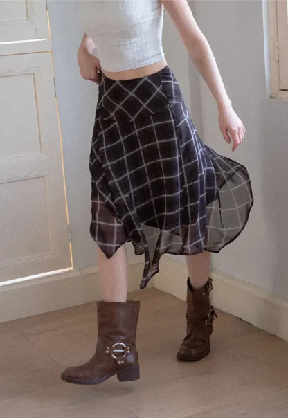 Grid Print Asymmetrical Hem Skirt