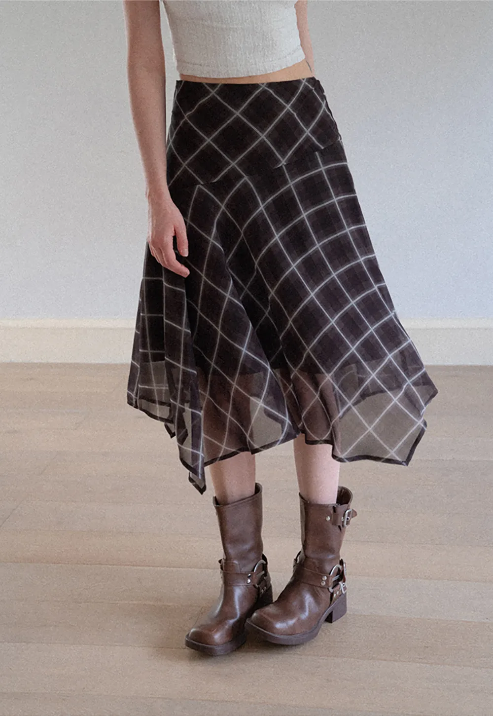 Grid Print Asymmetrical Hem Skirt