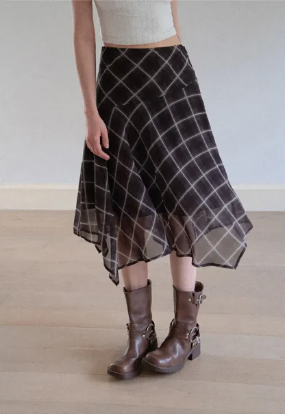 Grid Print Asymmetrical Hem Skirt