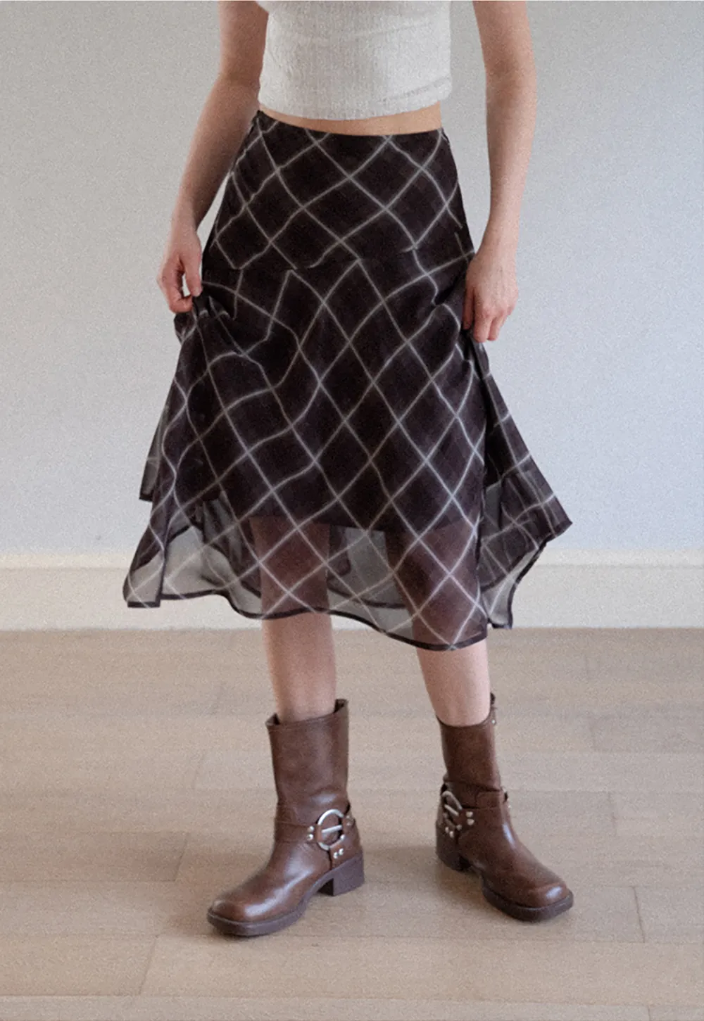 Grid Print Asymmetrical Hem Skirt
