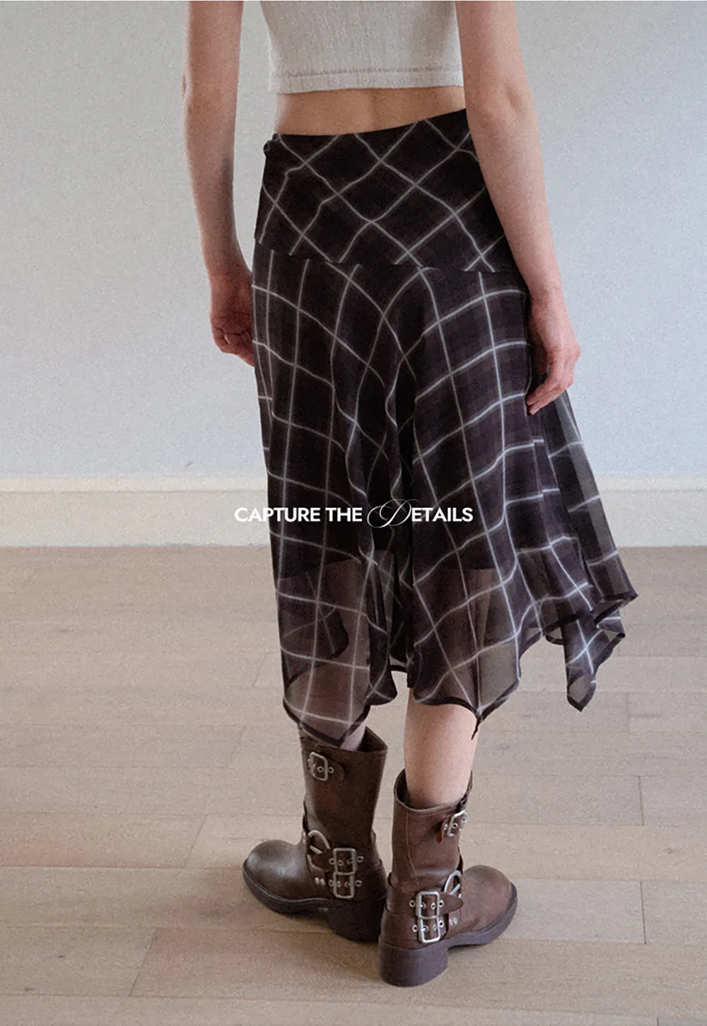 Grid Print Asymmetrical Hem Skirt