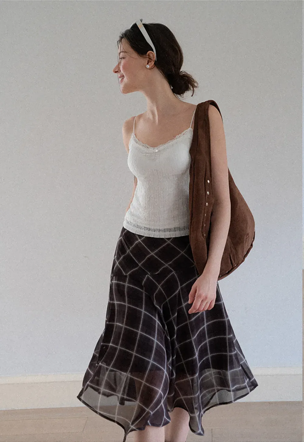Grid Print Asymmetrical Hem Skirt