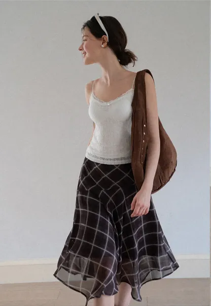 Grid Print Asymmetrical Hem Skirt